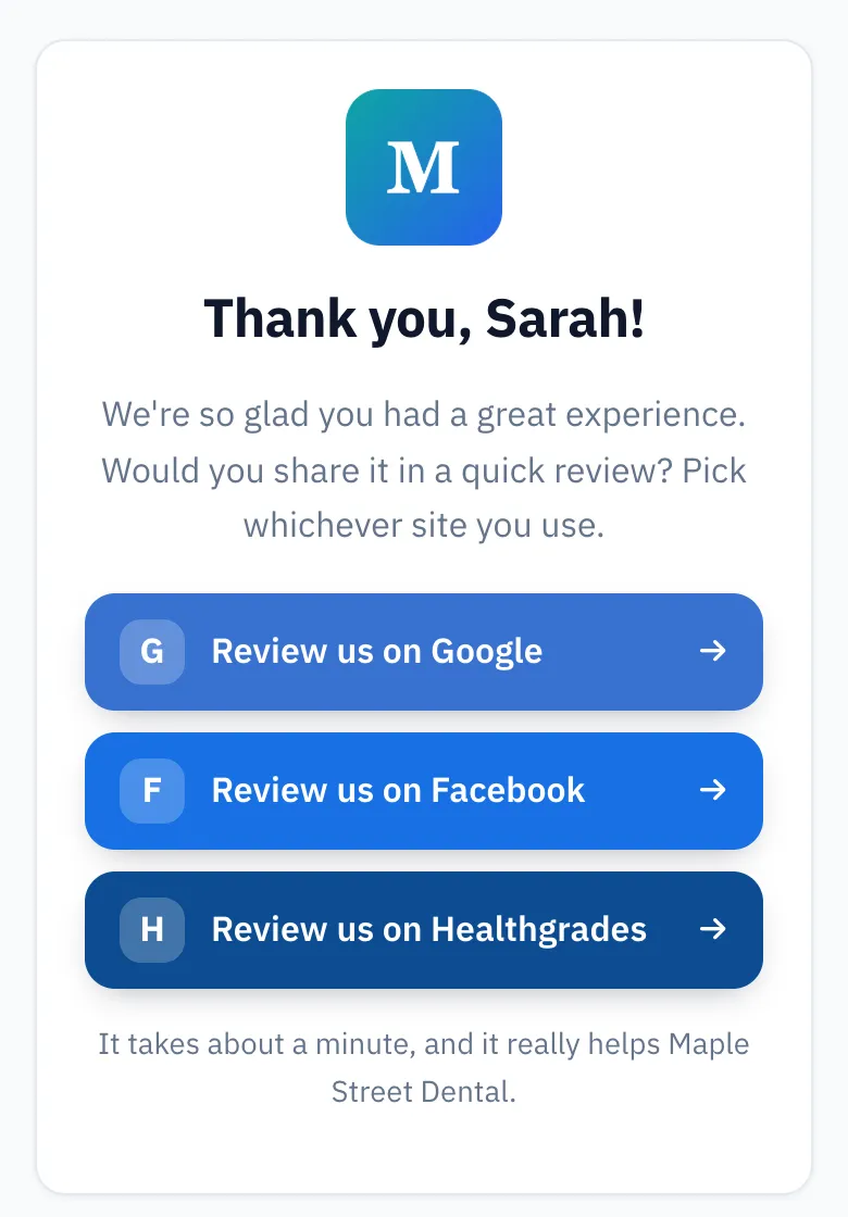 Thank-you page on a phone with buttons to review the business on Google, Facebook or Healthgrades
