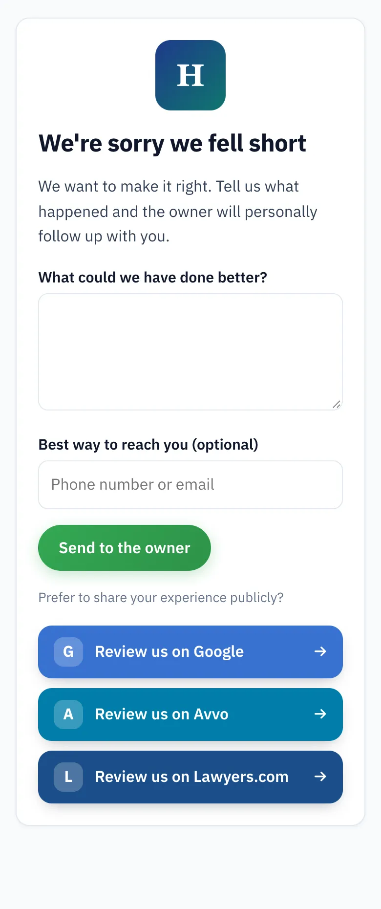 Feedback form for a 2 star rating of a law firm that still shows Google, Avvo and Lawyers.com review buttons