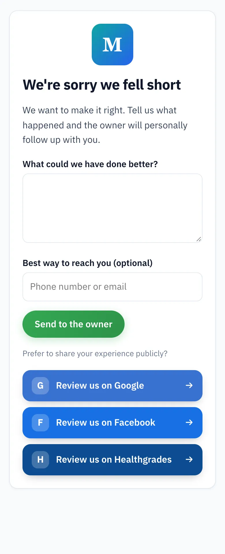 Feedback form for a 2 star rating that still shows Google, Facebook and Healthgrades review buttons