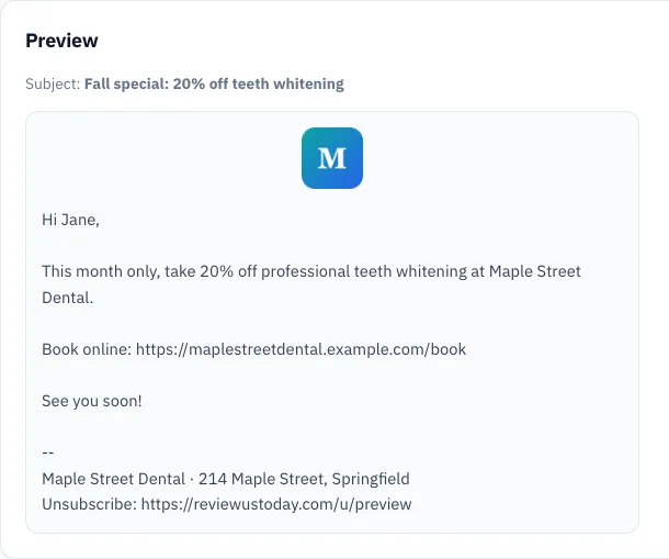 Promotional email offering 20 percent off teeth whitening with a booking link and unsubscribe footer