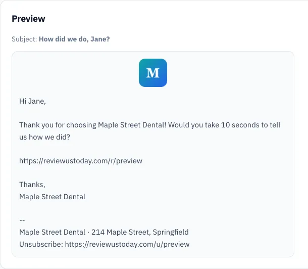 Review request email from a dental office asking the customer how they did, with the business logo